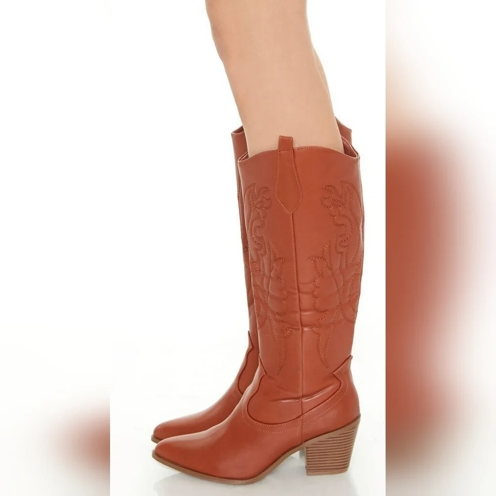 Embroidered Vegan Leather TAN Western Cowgirl Cowboy Boots Zip-up Pointed Toe - Picture 2 of 14